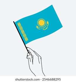 Hand holding Kazakhstan flag in line art drawing style. Kazakhstan hand Flag waving. Vector illustration