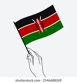 Hand holding Kenya flag in line art drawing style. Kenya hand Flag waving. Vector illustration