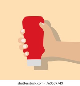 Hand holding a ketchup pot, vector illustration design. Hands collection.