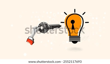 Hand holding key about to insert into key hold on lightbulb idea lamp. Unlock new business idea. Collage Art Vector illustrat