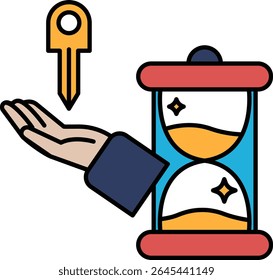 Uma mão está segurando uma chave acima de um relógio que está ajustado para o número 12. Conceito de passagem do tempo e a importância de aproveitar o momento