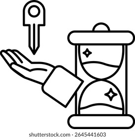 Uma mão está segurando uma chave acima de um relógio que está ajustado para o número 12. Conceito de passagem do tempo e a importância de aproveitar o momento