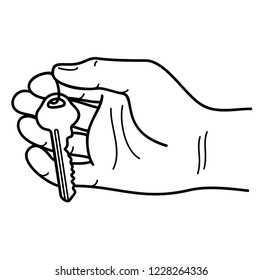 Hand holding key to the apartment. Vector flat outline icon illustration isolated on white background.