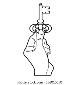 hand holding key in black outline-vector drawing