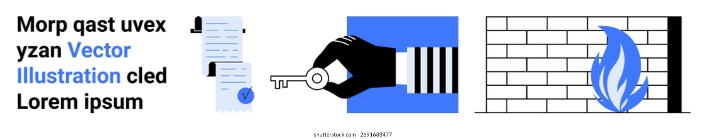 Hand, die einen Schlüssel hält, Firewall mit blauer Flamme und Textelementen. Ideal für Cybersicherheit, Netzwerksicherheit, Online-Sicherheit, Firewall-Schutz, Zugriffskontrolle, digitale Sicherheit und Tech-Blogs