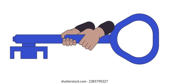 Ilustración del vector de la línea plana de la mano que contiene la clave de la línea plana. Tratando de abrir el objeto de esquema de dibujos animados 2D en blanco para el diseño de interfaz de usuario web. Imagen de héroe de color aislado editable por seguridad
