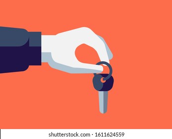 Hand holding a key. Flat monochrome illustration representing a car or house sale, rent profession.