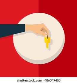 Hand holding key flat vector design illustration
