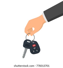 Hand holding a key and a fob. Concept of buying or renting a new car. Vector illustration in flat style