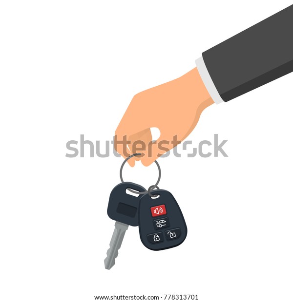 Hand holding a key and\
a fob. Concept of buying or renting a new car. Vector illustration\
in flat style
