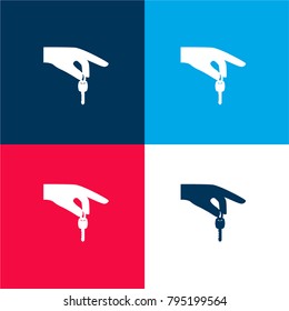 Hand holding up a key four color material and minimal icon logo set in red and blue