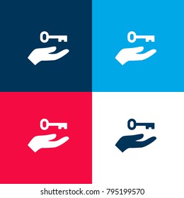 Hand holding up a key four color material and minimal icon logo set in red and blue