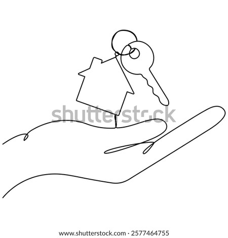 Hand holding key with house continuous one line art drawing. Real estate concept. Vector illustration isolated on white.