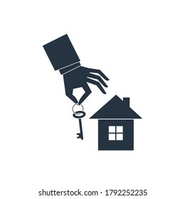 Hand holding a key. House key in hand flat icon vector illustration isolated on white background. Purchase or rent of apartments, moving, real estate concept