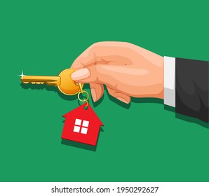 Hand holding key house symbol for property real estate marketing business concept in cartoon illustration vector 