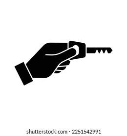 Hand, die eine Taste hält Symbol Design. Hand mit einem Schlüssel. einzeln auf weißem Hintergrund