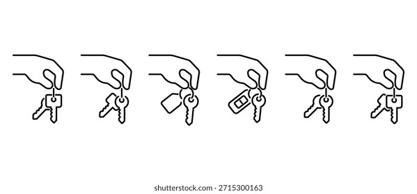 Hand holding key icon set. Various key icons. Vector key illustration in transparent background. Editable stroke.