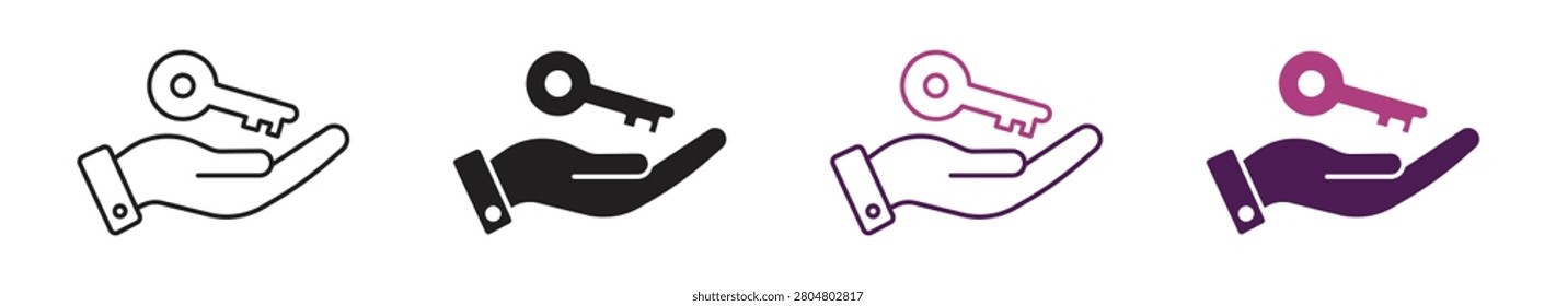 Hand holding a key icon set, Key in hand editable stroke isolated on white background. Vector illustration.