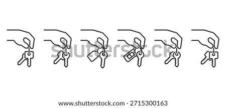 Hand holding key icon set. Various key icons. Vector key illustration in transparent background. Editable stroke.