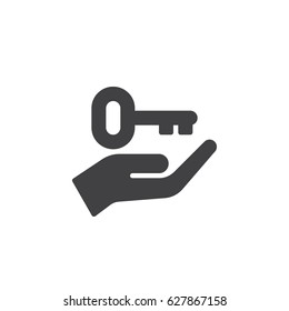 Hand holding up key icon vector, filled flat sign, solid pictogram isolated on white. Symbol, logo illustration. Pixel perfect