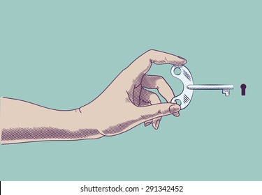 Hand holding key at keyhole. Concept illustration in retro drawing style