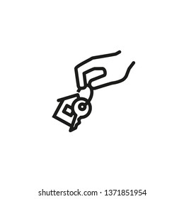 Hand holding key line icon. Giving key with house shaped trinket. Real estate concept. Vector illustration can be used for house buying, home selling, mortgage, rent