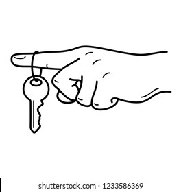 Hand Holding Key On The Finger. Buying A New Home. Vector Flat Outline Icon Illustration Isolated On White Background.