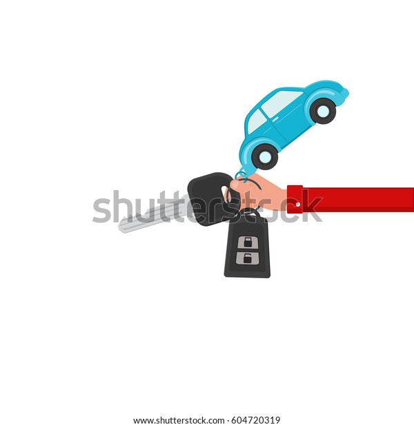 Hand holding the key ring. Car rental or\
sale concept. Cartoon Vector\
Illustration.