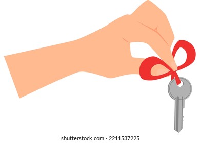 Hand holding key that is tied with red ribbon. White background. Flat vector illustration.