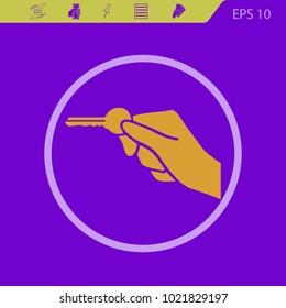 Hand holding key to unlock a door. vector icon on flat design style