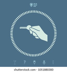 Hand holding key to unlock a door. vector icon on flat design style