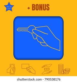 Hand holding key to unlock a door. Line vector icon on flat design style