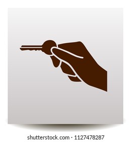 Hand holding key to unlock a dooron a realistic paper background with shadow. vector icon on flat design style 