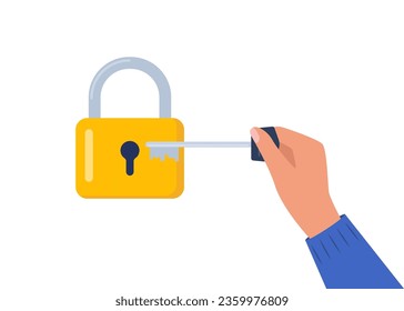 Hand holding key to unlock padlock. Metal key and a yellow lock. Vector illustration