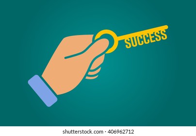 Hand holding key to unlock success flat illustration for websites