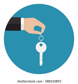 The Hand Holding A Key. Vector Illustration. Flat Design