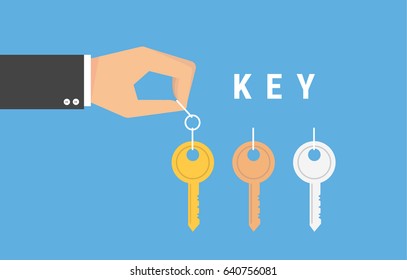 The hand holding a key. Vector illustration. Flat design
