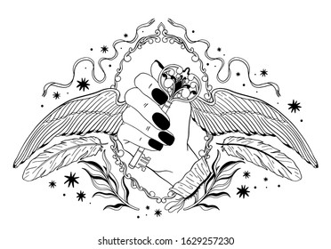 Hand holding a key with wings.Occult mystic emblem, graphic design tattoo. Esoteric sign alchemy, decorative style.Vector illustration.