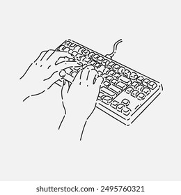 hand holding Keyboard in line art style. isolated on white background. hand drawn vector illustration.