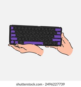 hand holding Keyboard in line art style with color. isolated on white background. hand drawn vector illustration.