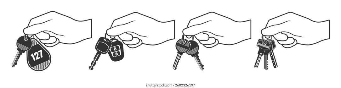 Hand holding keys isolated on transparent. House, locker, car keys in hand