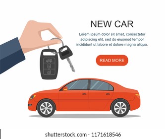 Hand holding keys to new red car. Web banner. Vector Illustration