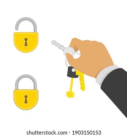 Hand holding keys on key ring.  Unlock, opening or security concept. Vector illustration of lock and keys in flat style. EPS 10.