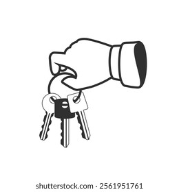 Hand holding keys on key ring in hand. Illustration of bunch of golden and silver keys on keyring. Key icon cartoon design element. Concept of rental service, gift, access image or security.