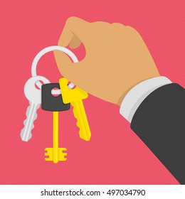 Hand holding keys on key ring in hand. Illustration of bunch of golden and silver keys on keyring. Key icon cartoon design element. Concept of rental service, gift, access image or security.