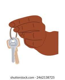Hand holding keys on ring. Real estate agent give keys to buyer. Loan, mortgage, property, Apartment rent concept. Vector colorful flat hand drawn illustration isolated on white background.