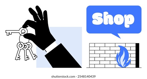 A hand holding keys, a speech bubble with the word shop, and a brick wall with a flame symbol. Ideal for business security, shopping, retail, e-commerce, fire safety. Simple vector style