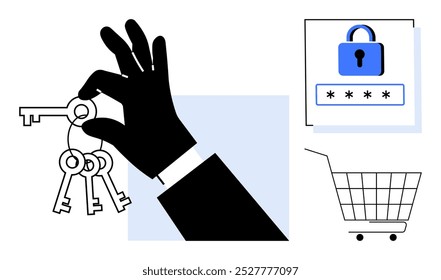 Hand holding keys with surrounding icons of a lock with a password field and a shopping cart. Ideal for digital security cybersecurity online shopping key management authentication and access