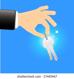 hand holding keys vector illustration isolated on blue background