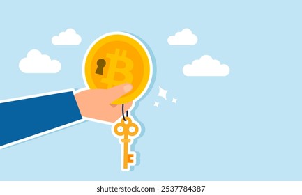 A hand holding a key-shaped Bitcoin with a key, illustration of the key to success in Bitcoin investment  